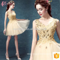 Bling Elegant Golden Short Chiffon Appliqued Plus Size Evening Dress para Mulheres